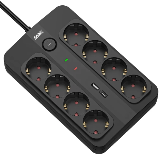 MAX MPS-908SB-3M produžni kabl sa prenaponskom zaštitom, 8 utičnica, USB-A/USB-C, 3 m