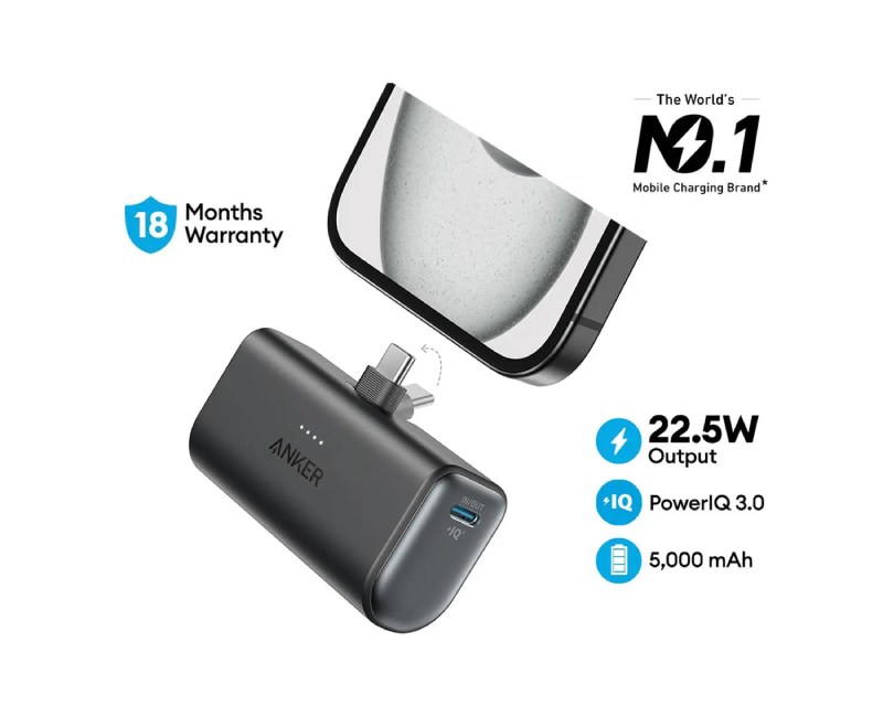 Anker Nano power bank 5.000 mAh, 22,5 W, sa ugrađenim USB-C konektorom, crni