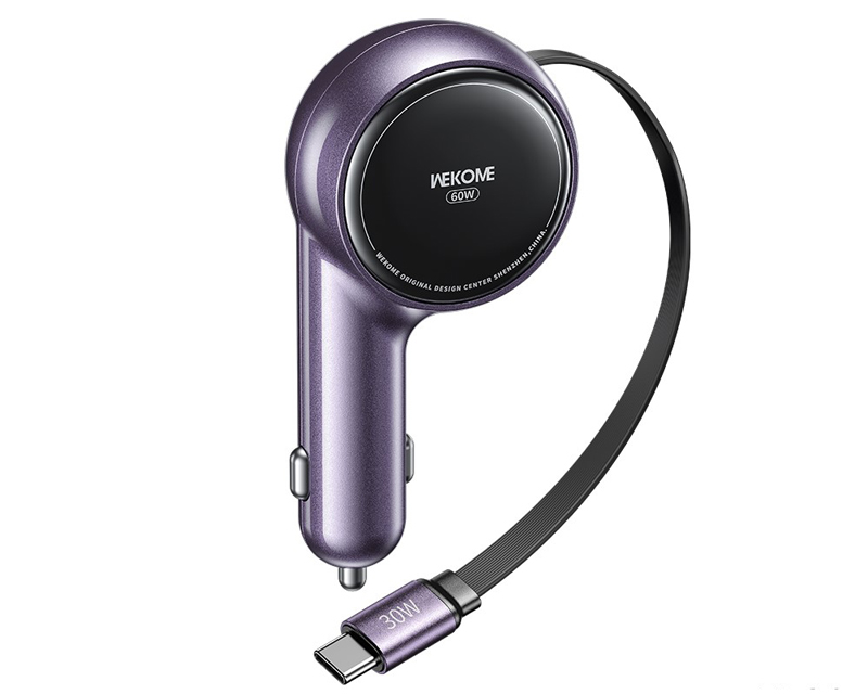 WEKOME WP-C50 auto punjač USB-C 60 W sa uvlačivim kablom, ljubičasti