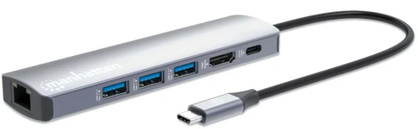 Manhattan 153959 USB-C 6-u-1 multiport adapter sa HDMI 4K, 3×USB-A, LAN i PD 100 W