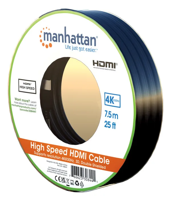 Manhattan 308441 HDMI kabl, HDMI muški–muški, 7,5 m, crni