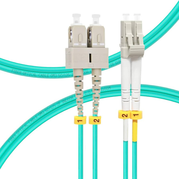 FO LC/UPC–SC/UPC OM3 duplex optički patch kabl 5 m, LSZH Aqua 2,0 mm