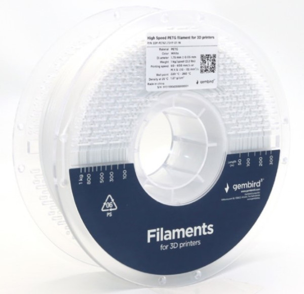 Gembird High Speed PETG filament 1,75 mm, beli, 1 kg