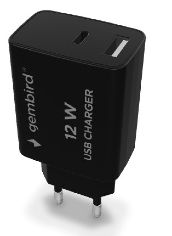 Gembird TA-UC-2AC12-01-BK USB punjač USB-A + USB-C, 12 W