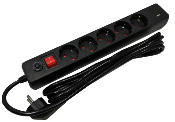 Gembird SPG5-B-10(3G1.5) produžni kabl sa zaštitom, 5 utičnica, USB-A/C, 3 m
