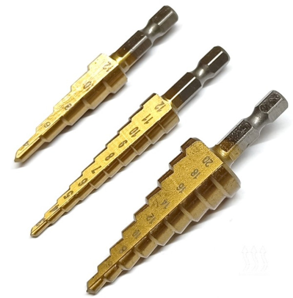 Set stepenastih burgija 3 komada, 3–12 / 4–12 / 4–20 mm