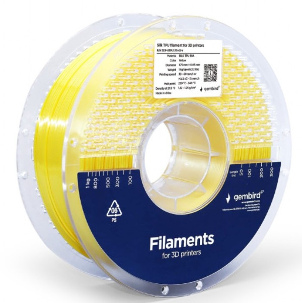 Gembird Silk TPU 98A filament 1,75 mm, žuti, 1 kg