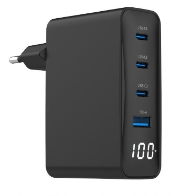 Gembird TA-UC-PDQC100LCD-01-BK GaN USB punjač 100 W, 4 porta, LCD
