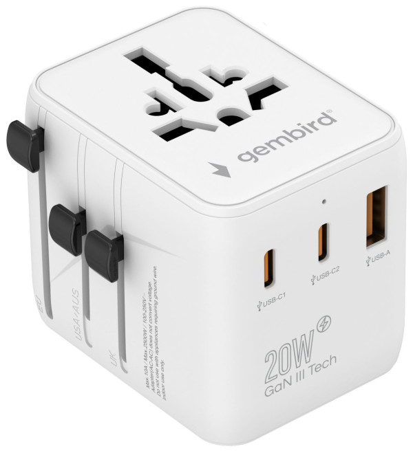 Gembird TPA-1A2C20-01-W univerzalni putni adapter 20 W sa USB-C i USB-A