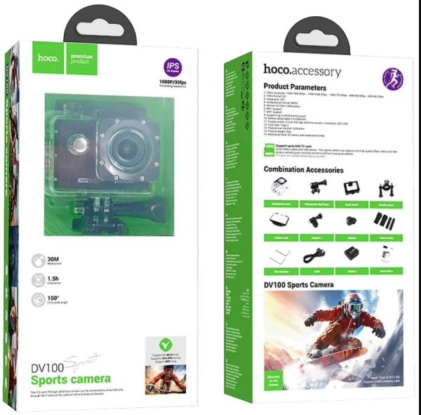 Hoco DV100 sportska kamera 1080p Wi-Fi, 2" IPS, vodootporno kućište 30 m