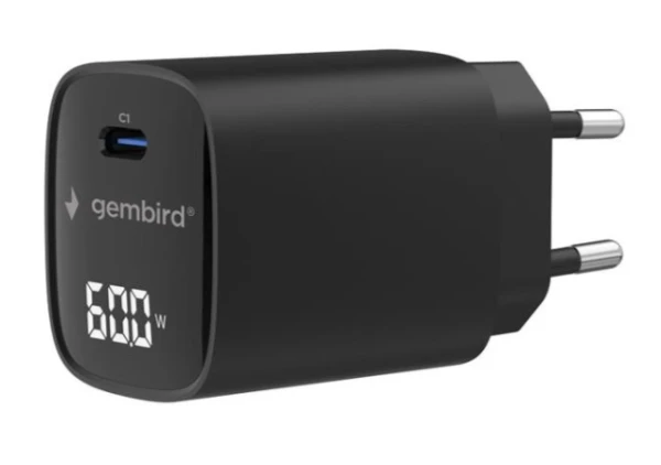 Gembird TA-UC-1C-PD60LCD-01-BK USB-C brzi punjač 60 W sa LCD displejem, crni