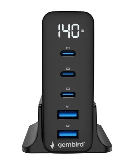 Gembird TA-UC-2A3C-PD140-01-BK GaN punjač 140 W, 3× USB-C + 2× USB-A