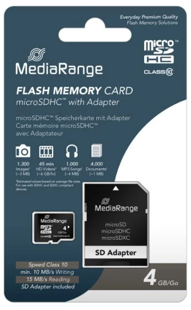 MediaRange MR956 4GB microSDHC Class 10 memorijska kartica sa SD adapterom