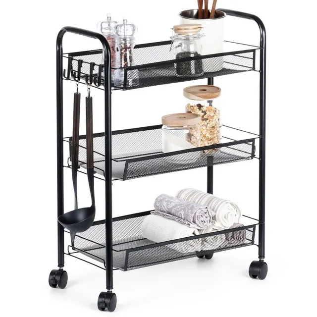 Vilde 568029 crna metalna polica na točkićima sa 3 nivoa, 44 × 26 × 63 cm