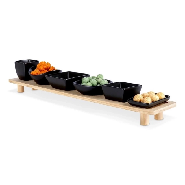 Vilde 139307 crne keramičke činije na bambus tacni, set 7 komada