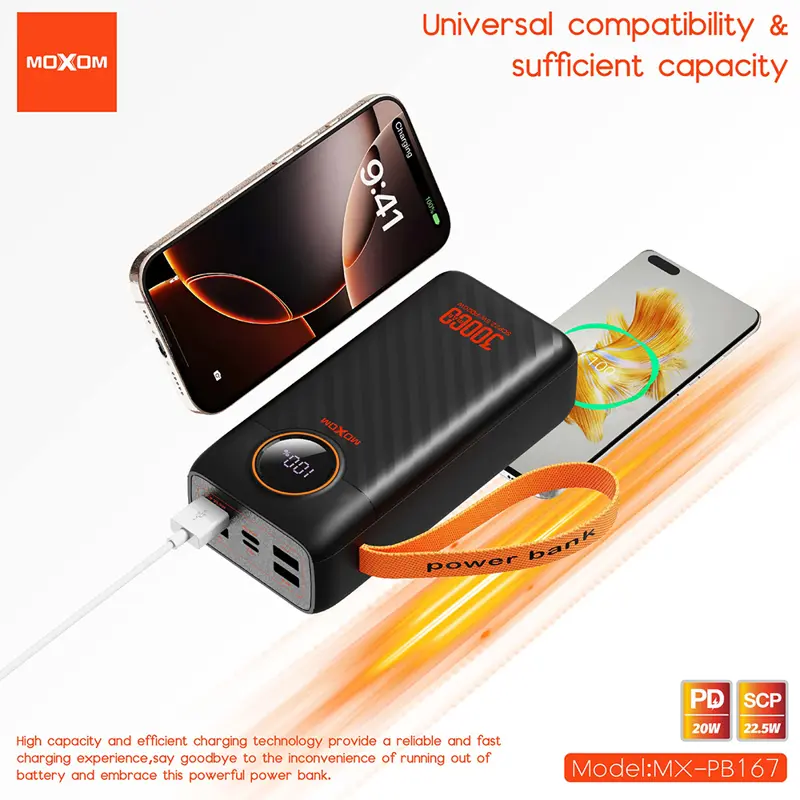 Moxom MX-PB167 power bank 30000 mAh, PD 20 W, SCP 22,5 W, crni