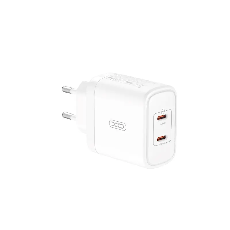 XO CE08 PD punjač 50 W sa 2× USB-C porta i USB-C–Lightning kablom