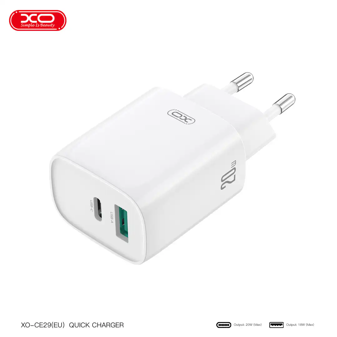 XO CE29 USB-A + USB-C kućni punjač 20 W, beli