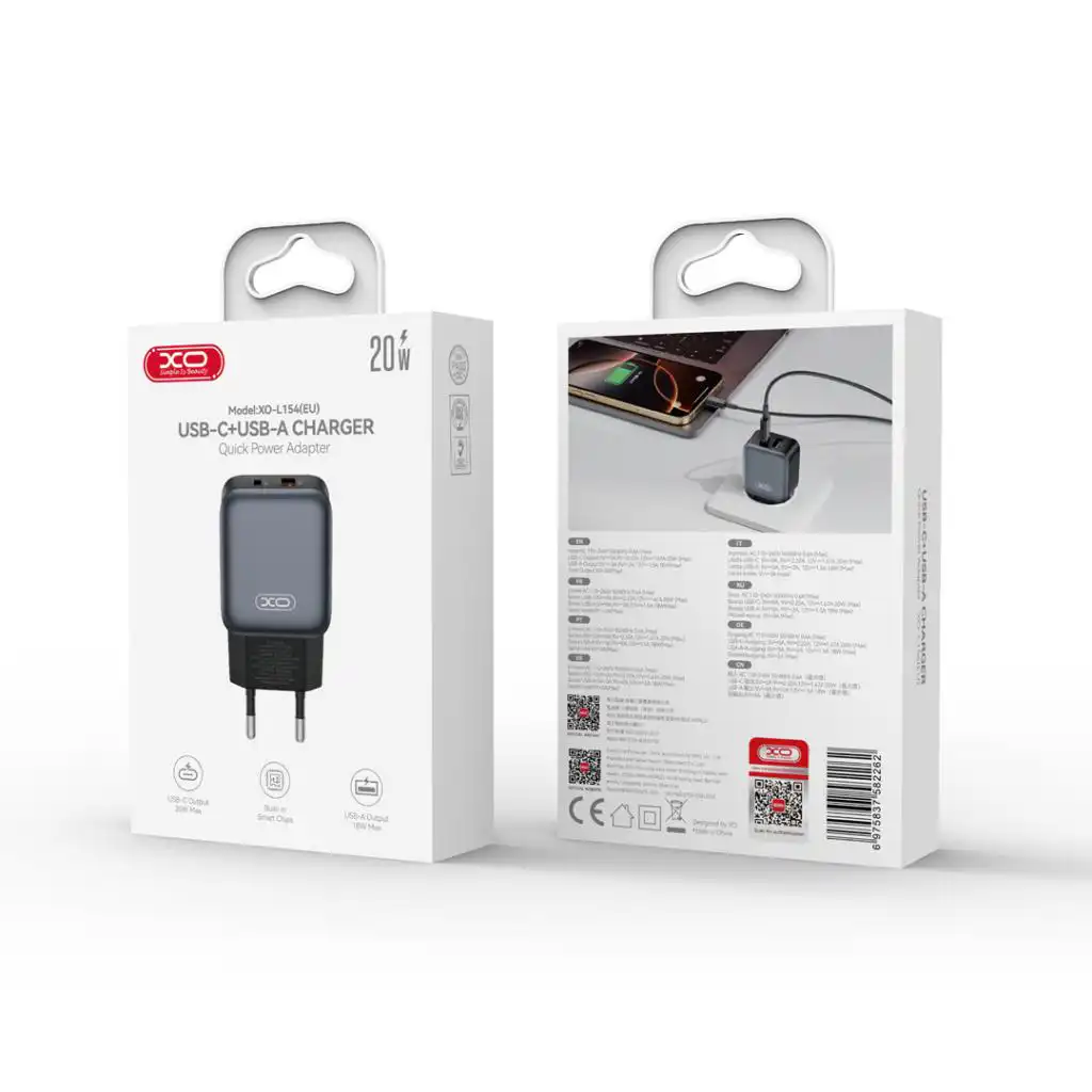 XO L154 USB-A + USB-C punjač 20 W PD sa Type-C kablom