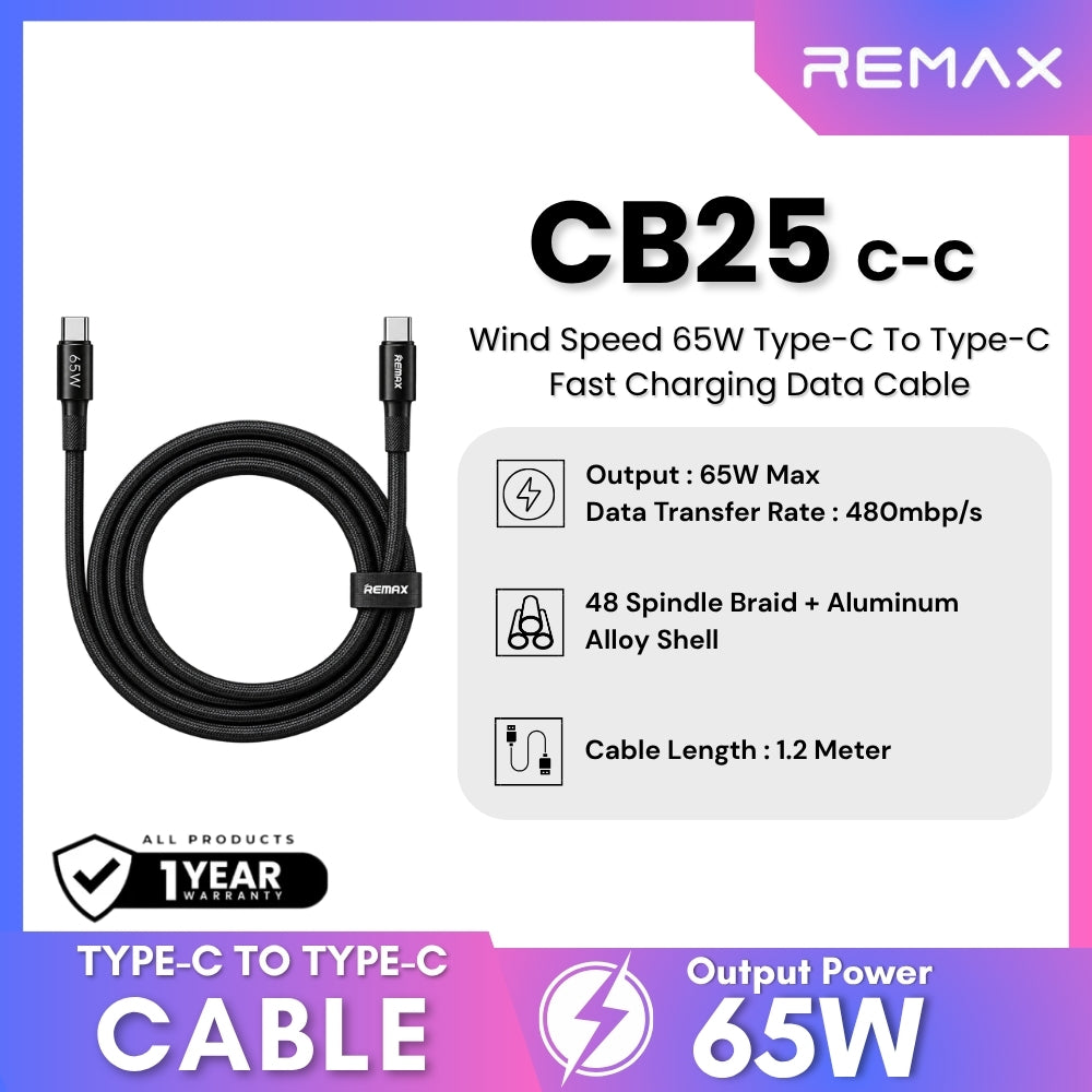 REMAX CB25 USB-C na USB-C kabl 65 W, 1,2 m, crni