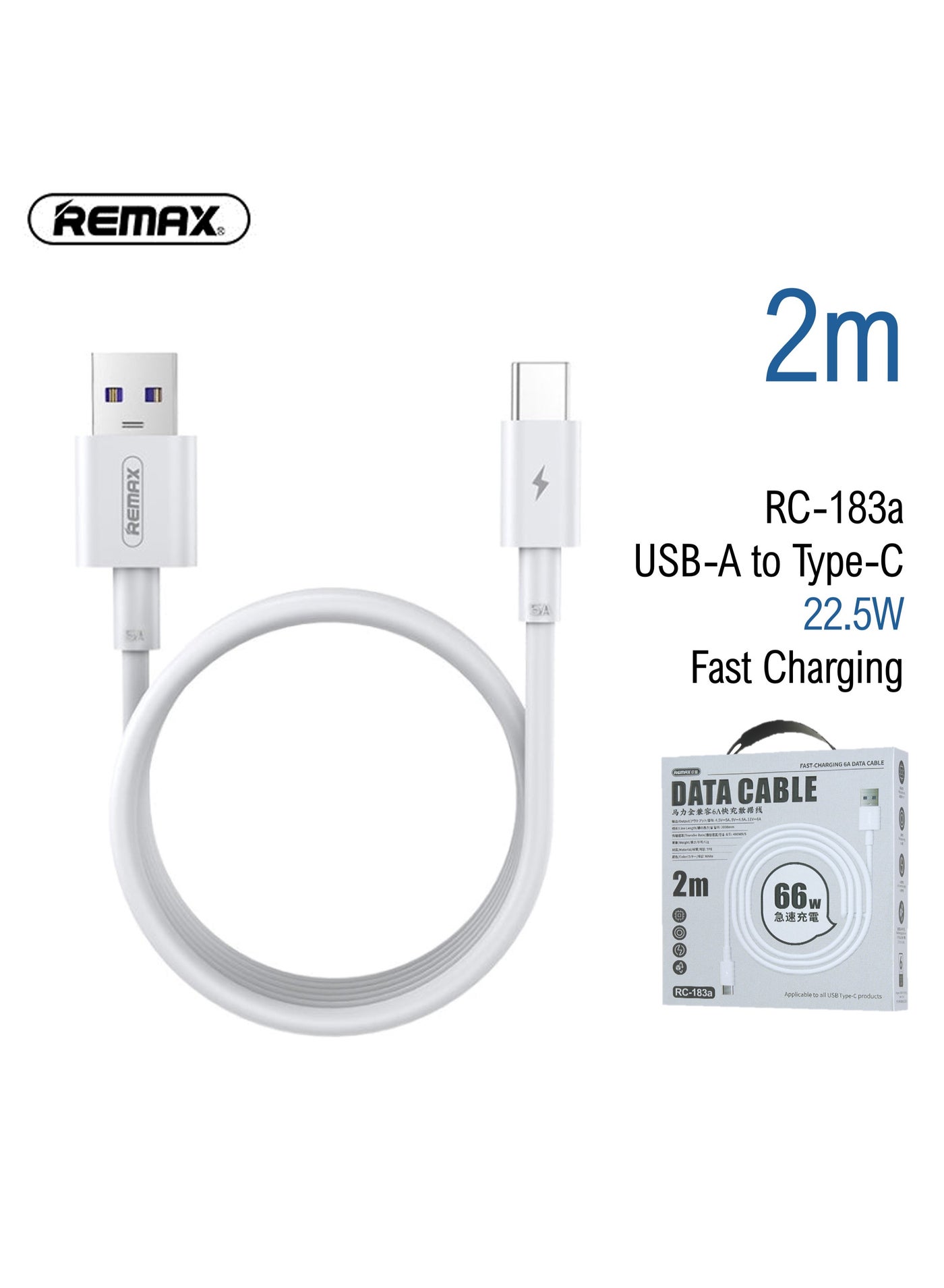 Remax Marlik RC-183A USB-A na USB-C kabl, 2 m, 66 W, beli
