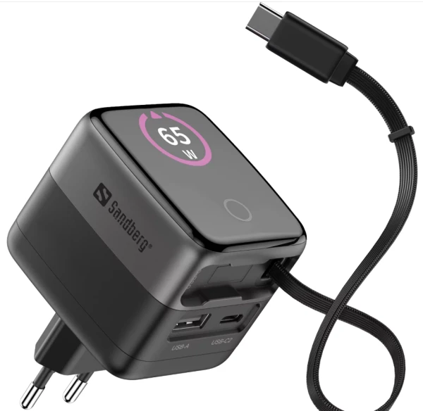 Sandberg Charger PD65W Display + Cable 441-74 GaN punjač sa uvlačivim USB-C kablom