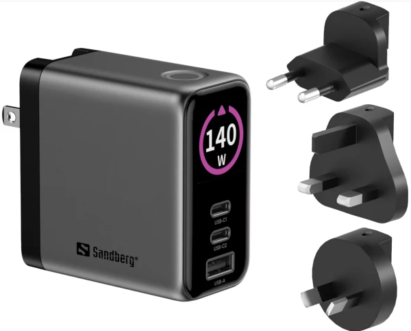 Sandberg Travel Charger PD140W Display 441-72 GaN punjač 140 W sa putnim adapterima