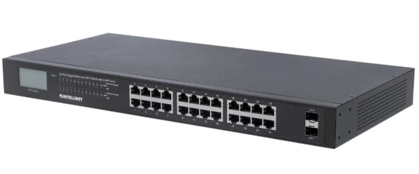 Intellinet 561242 gigabitni PoE+ switch, 24 porta, LCD, 370 W, 2 SFP