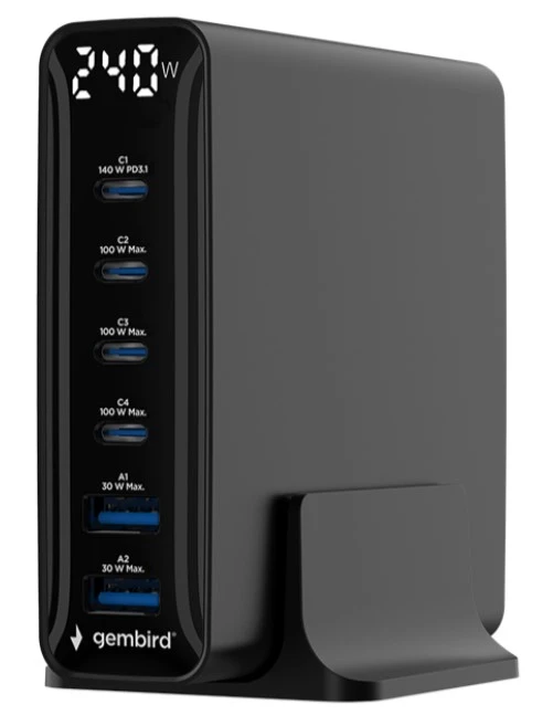 Gembird TA-UC-2A4C-PD240-01-BK 6-portni GaN USB punjač 240 W